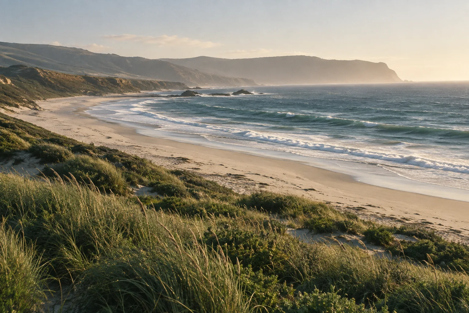 Illustrative coastal scene with grassy dunes, a quiet ocean, and a sunlit headland.